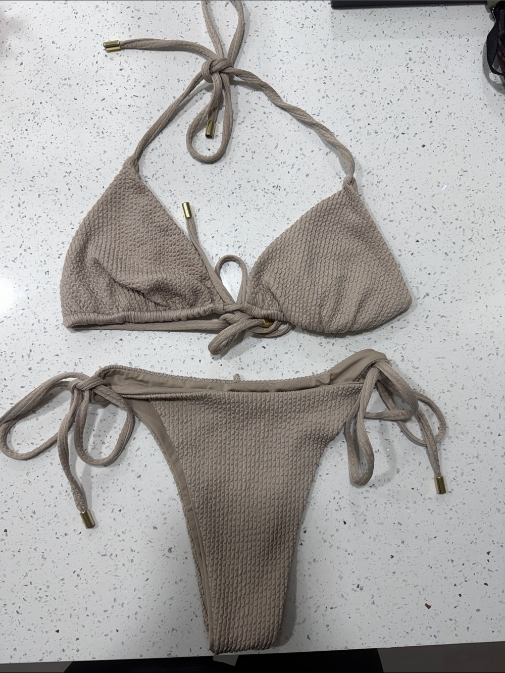 Monday Swimwear Beige Textured Tie-Side Bikini